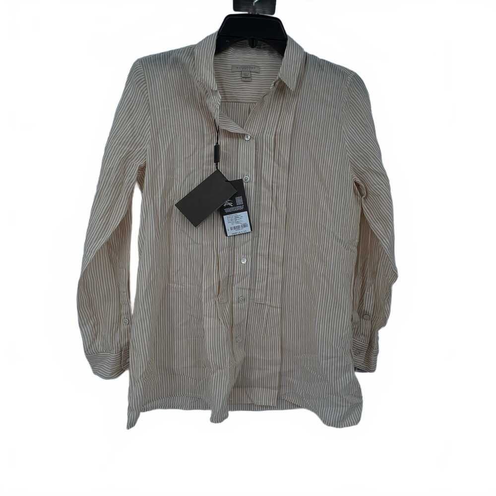 Burberry Brown/White Striped Button-Down Top | SP Petite Cotton Linen Silk